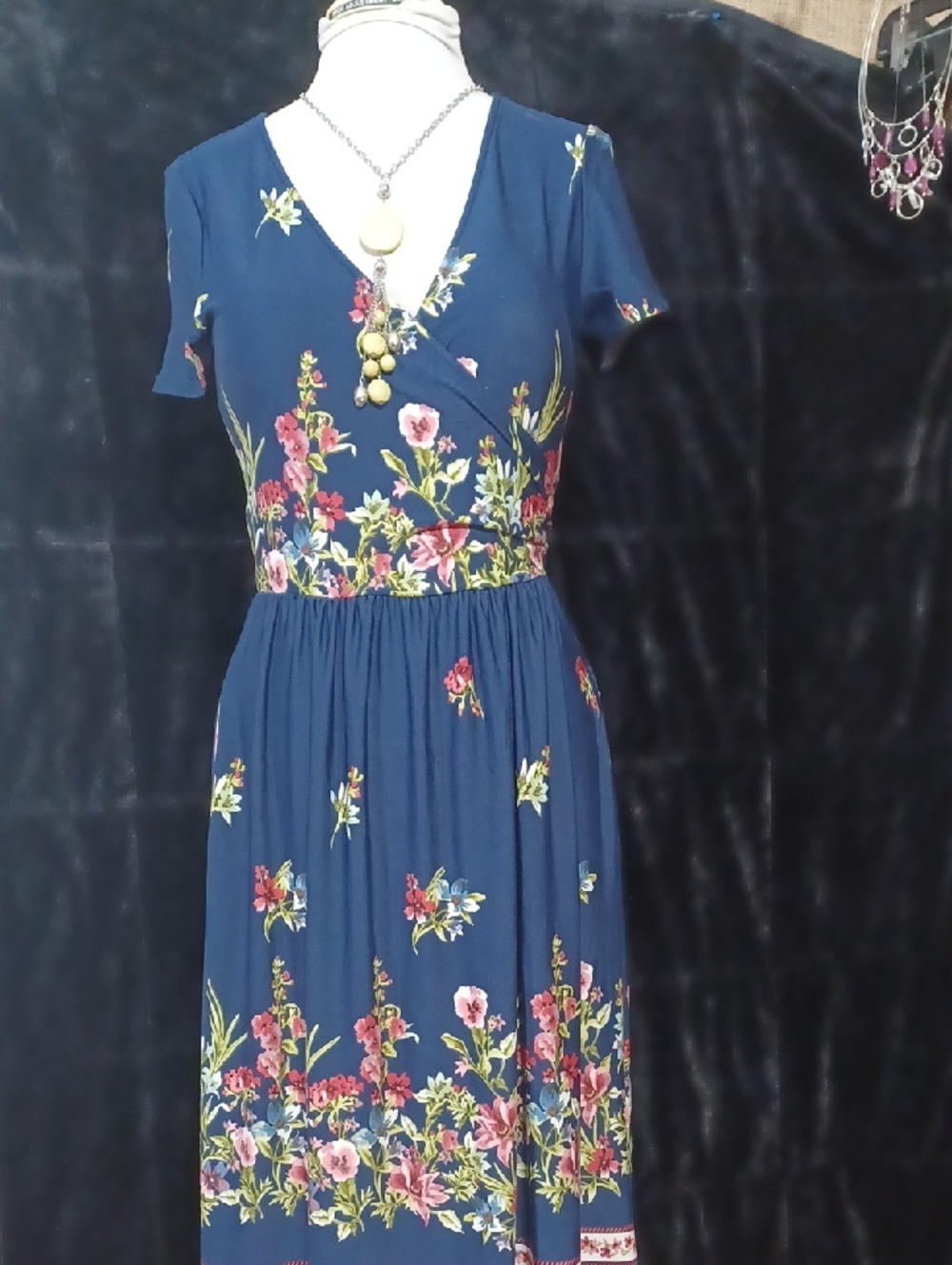Floral Navy Wrap-Style Midi Dress